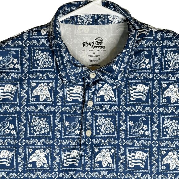 Reyn Spooner Men's Reverse Flag Flower Bird 1/4 Button Down Shirt Blue XL NWOT - Picture 3 of 8